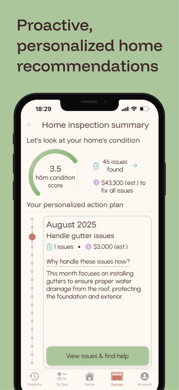 Preview of a home inspection report analyzed by the AI home maintenance app to estimate costs, create professional bookings, and schedule tasks as a predictive and preventive maintenance app plus intuitive home repair assistant.