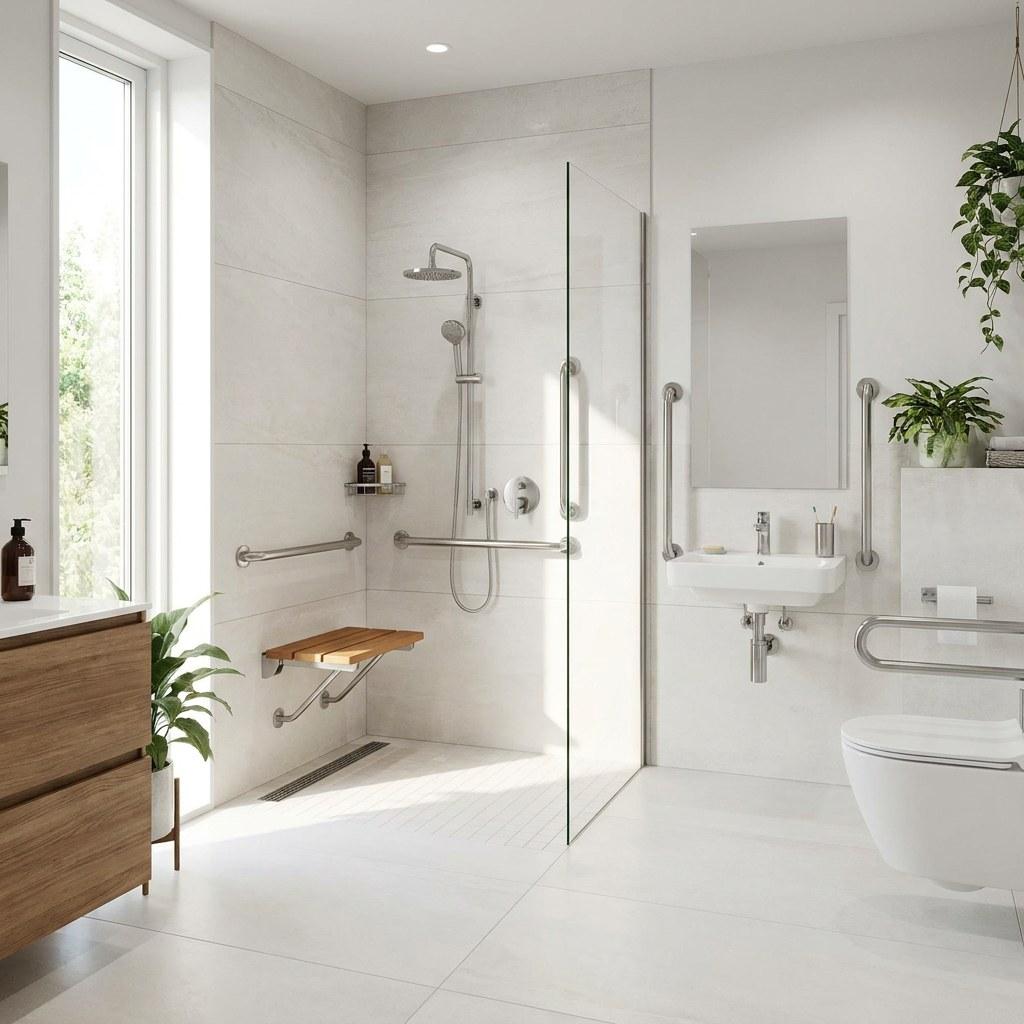 A bright, accessible bathroom featuring a curbless shower and subtle safety features