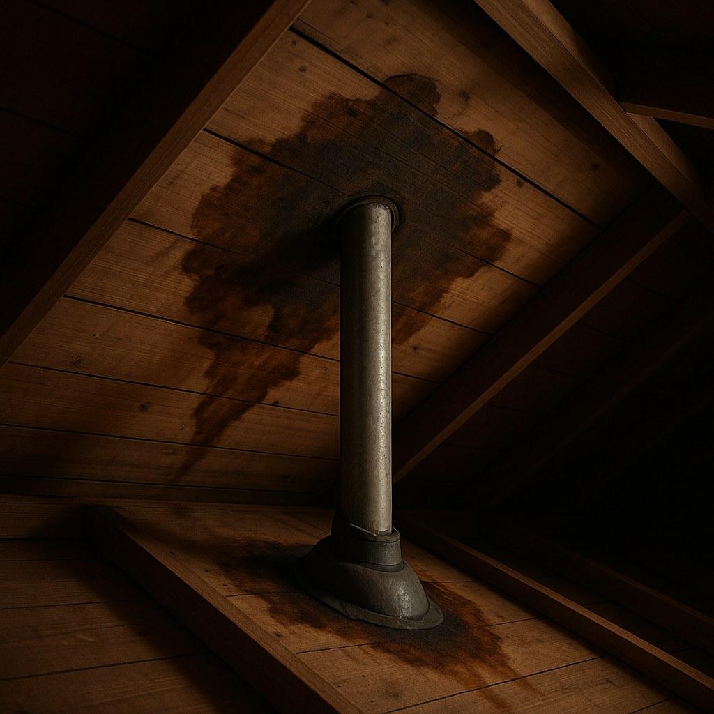 Water stain on plywood roof decking caused by a leaking roof vent