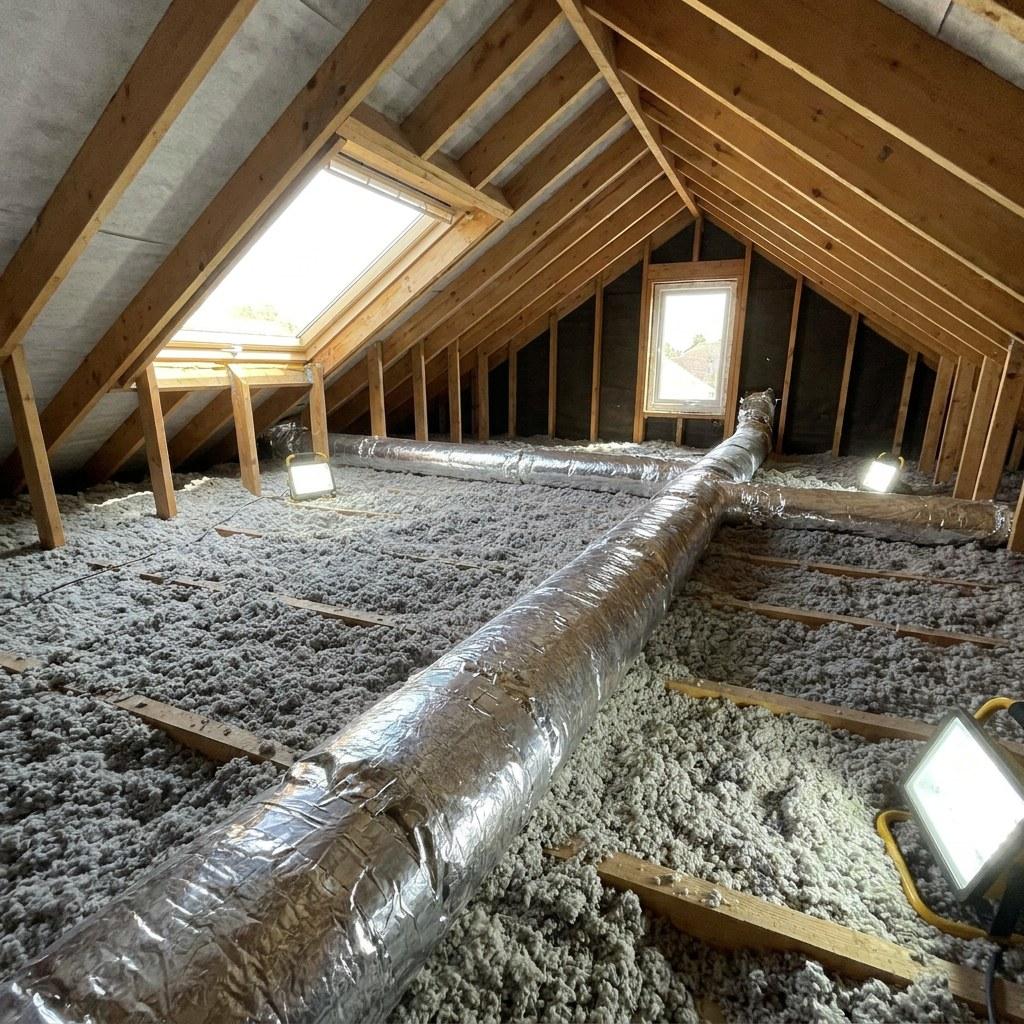An organized attic space showing newly installed insulation and sealed air ducts