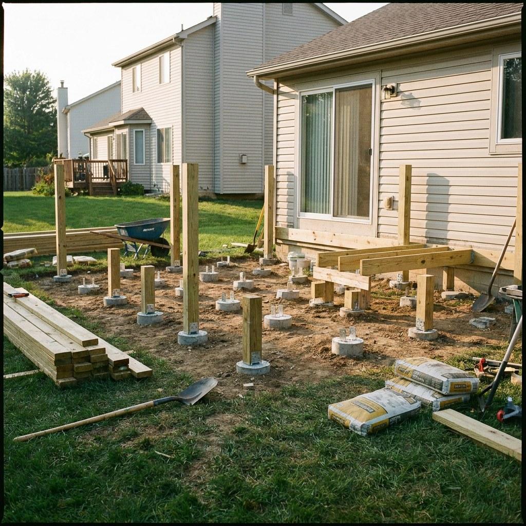 A backyard showing the early stages of building a wooden deck with concrete footings