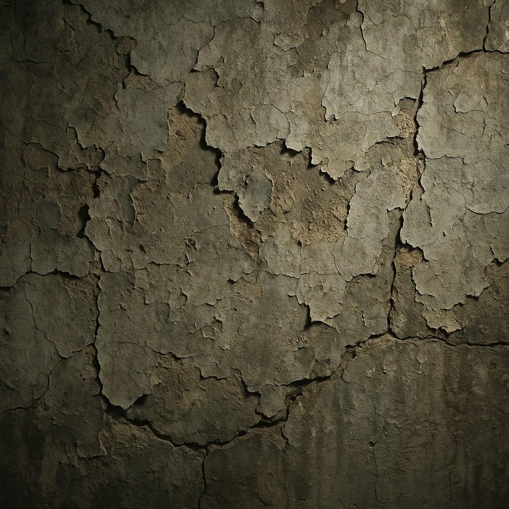 A concrete basement wall with a patch of flaking and crumbling surface
