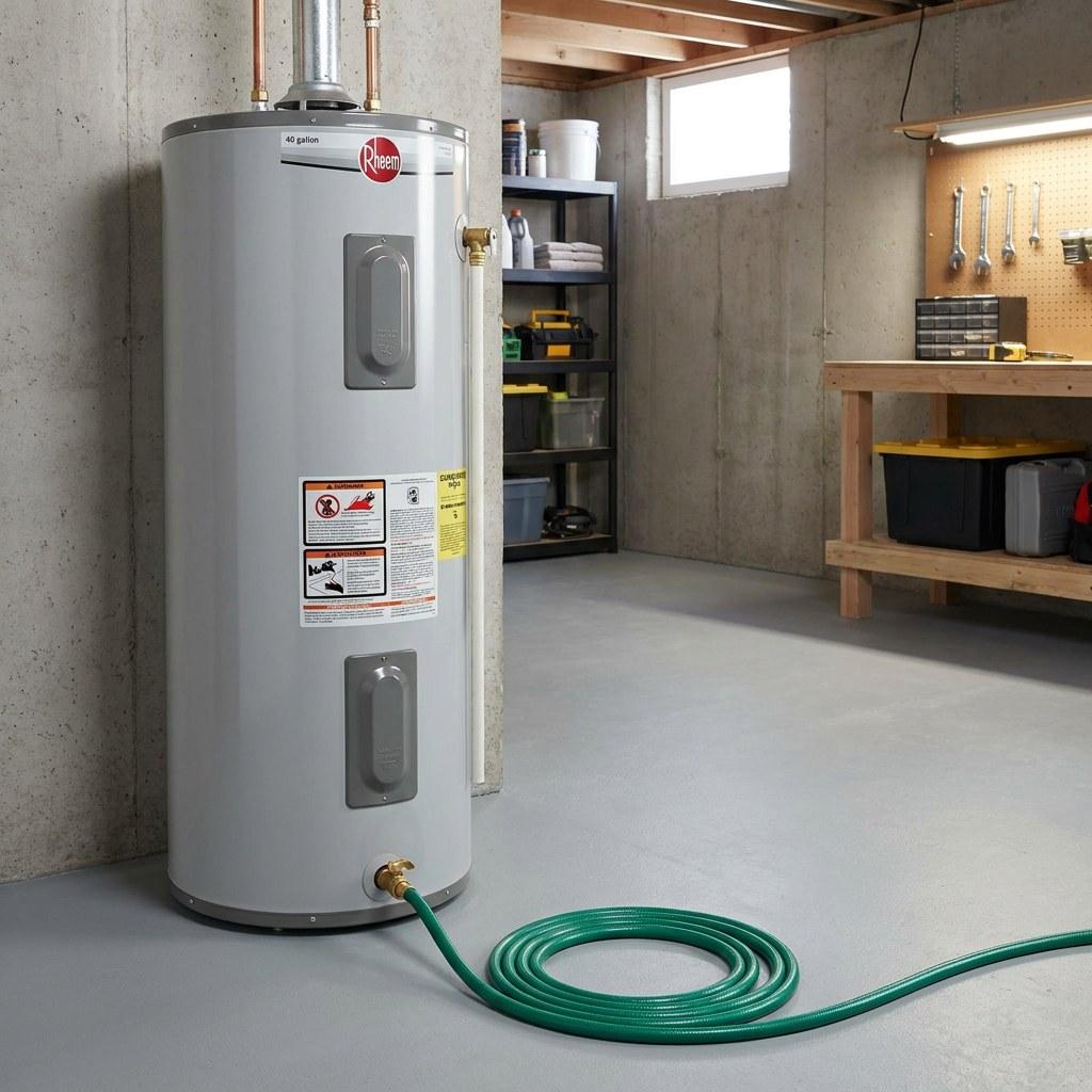 A standard tank water heater with a garden hose connected to the bottom drain valve