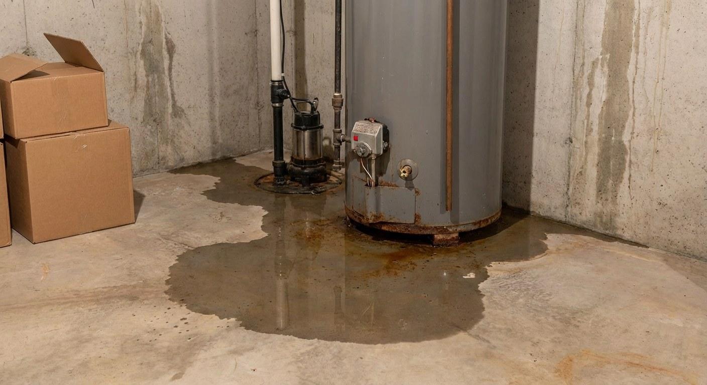 Standing water on a concrete basement floor, reflecting the metal base of a nearby water heater.
