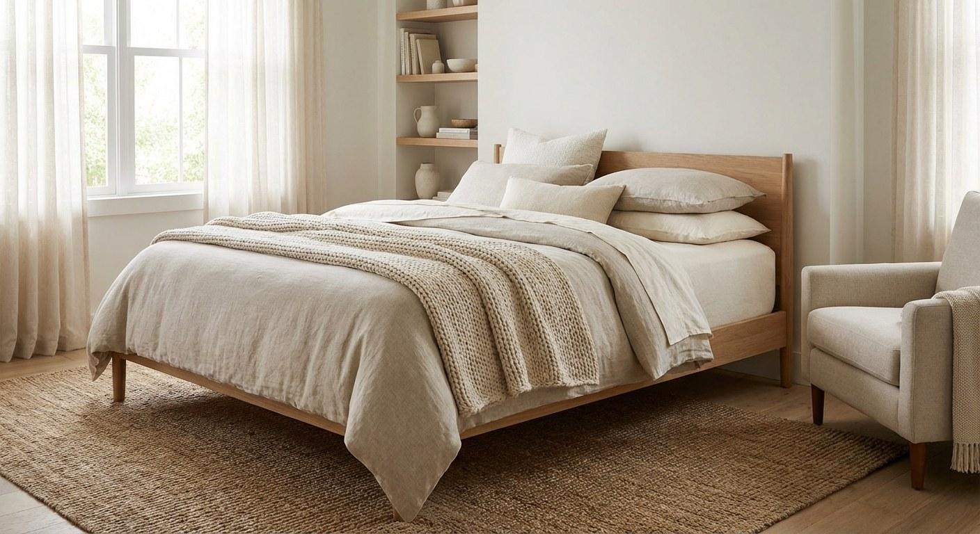 A calm and tidy primary bedroom with a neutral color palette, soft lighting, and a comfortable bed.