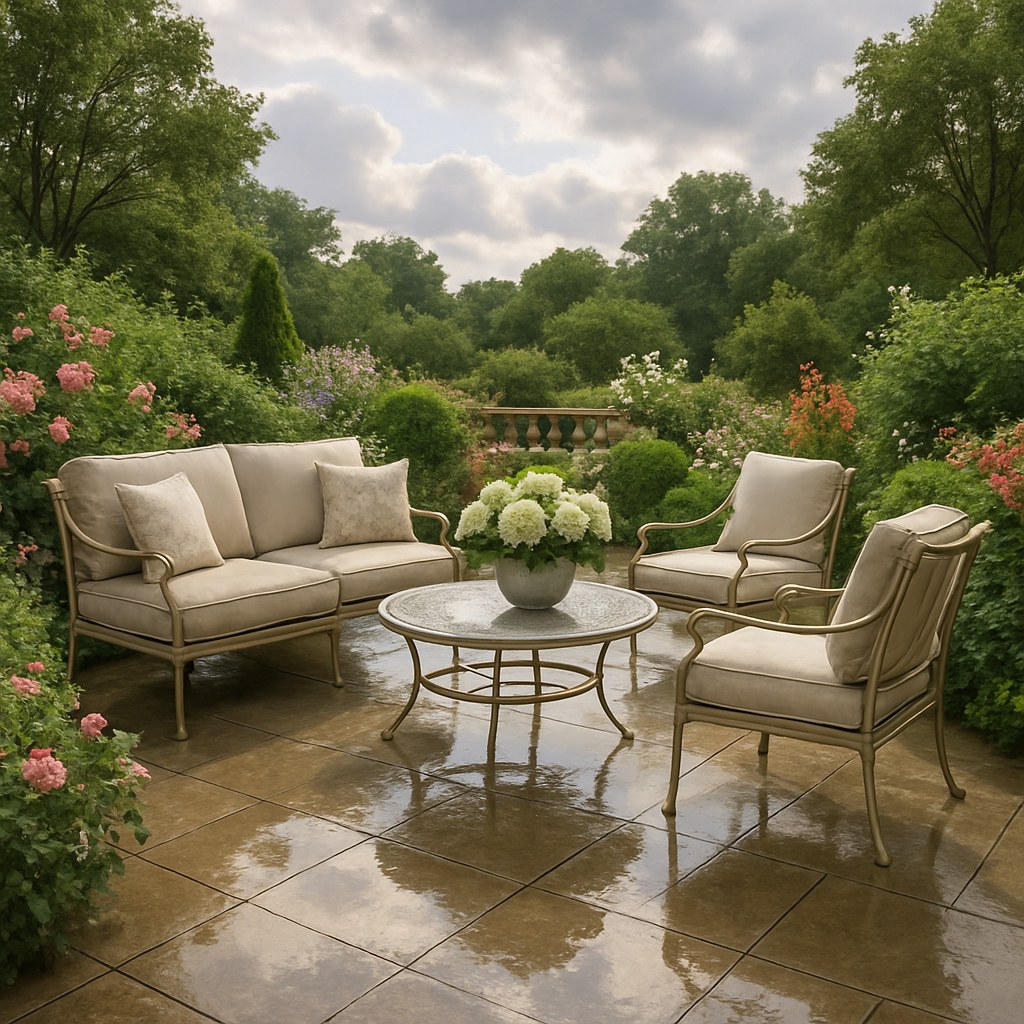 Puddles of water forming on a backyard patio