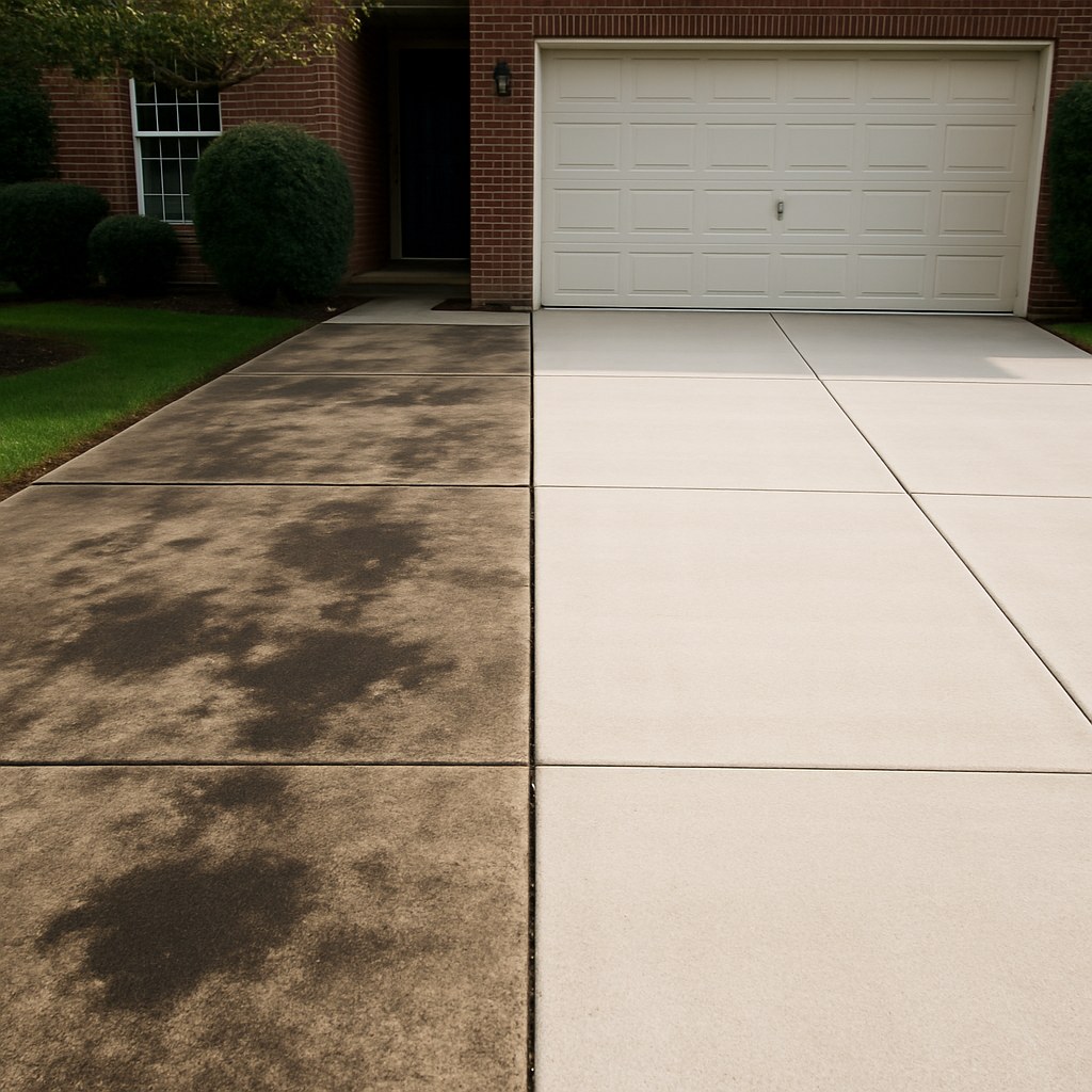A split image showing a driveway with ugly oil stains on one side and a clean, pristine driveway on the other.