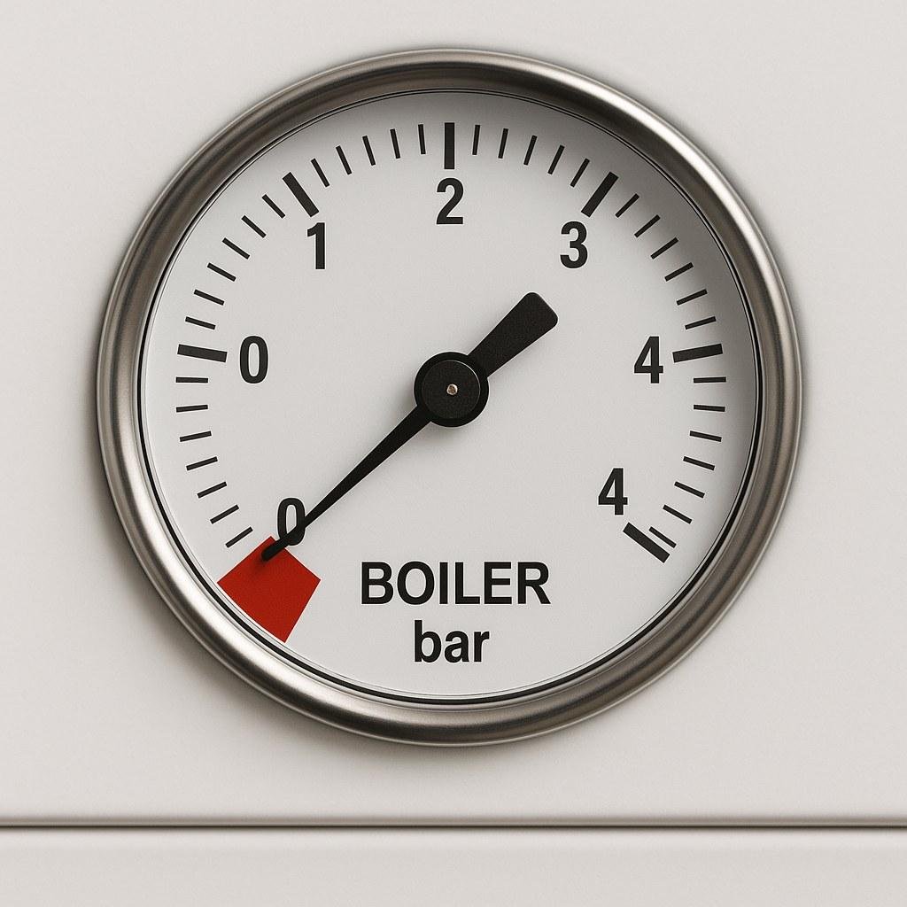 A boiler pressure gauge indicating low pressure below 1 bar.