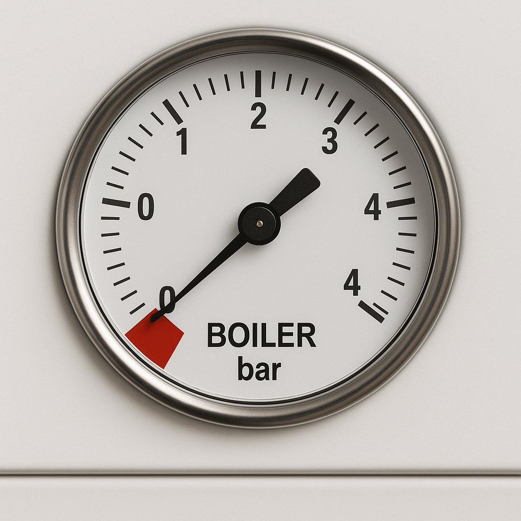 A boiler pressure gauge indicating low pressure below 1 bar.