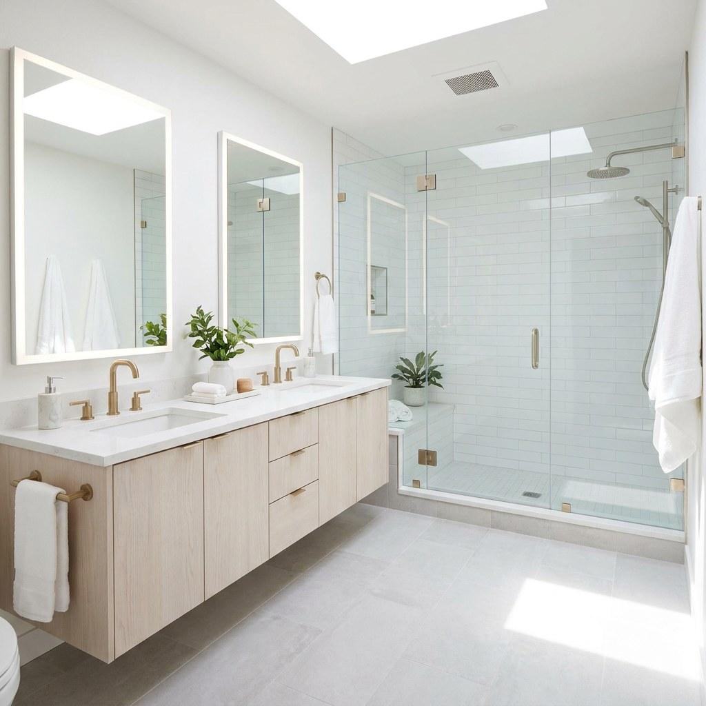 A newly remodeled bathroom showing a clean double vanity and a glass enclosed tile shower