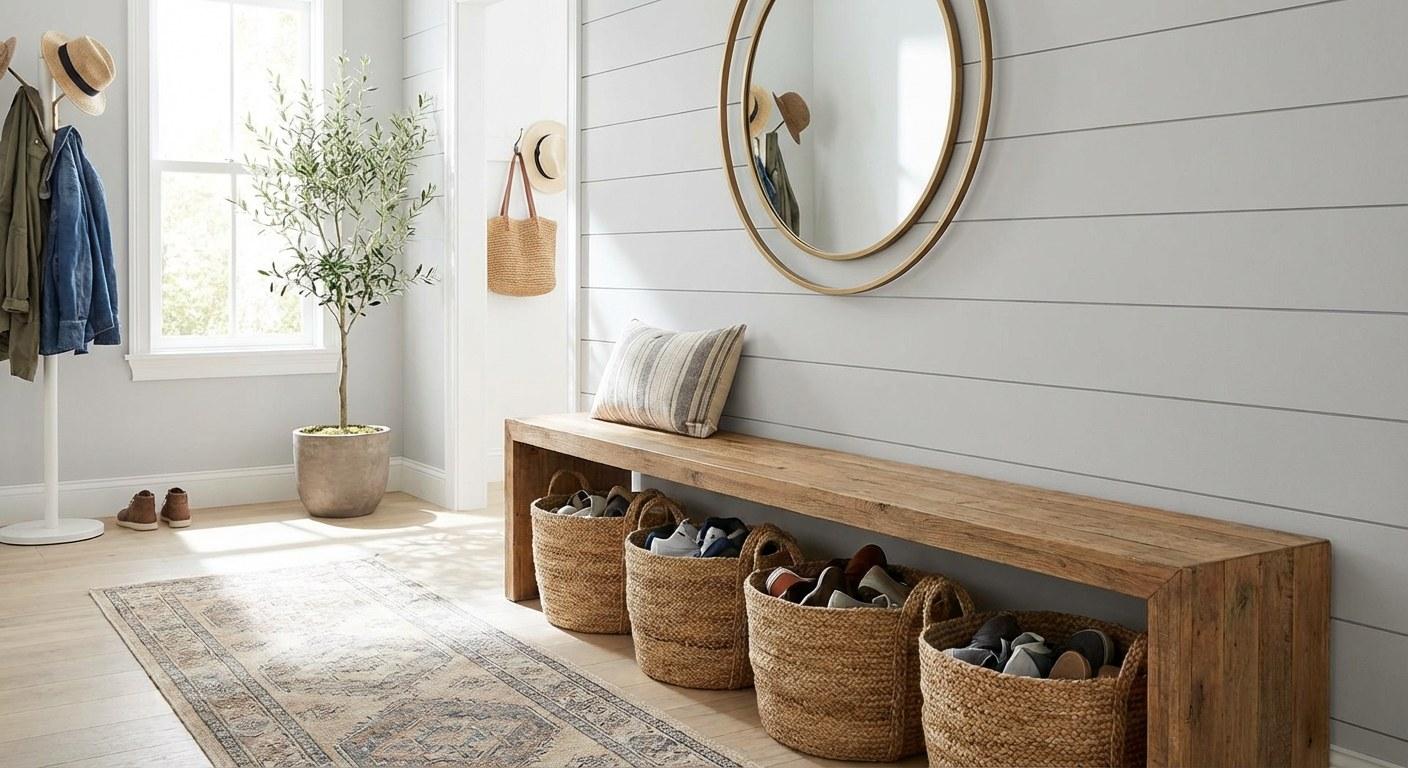 A clean and organized entryway featuring a storage bench with shoe baskets, wall hooks with coats, and a decorative mirror.