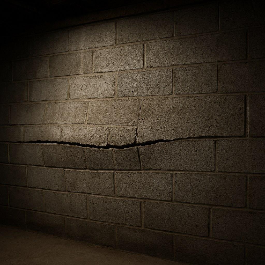 A concrete block foundation wall that is visibly bowing inward.