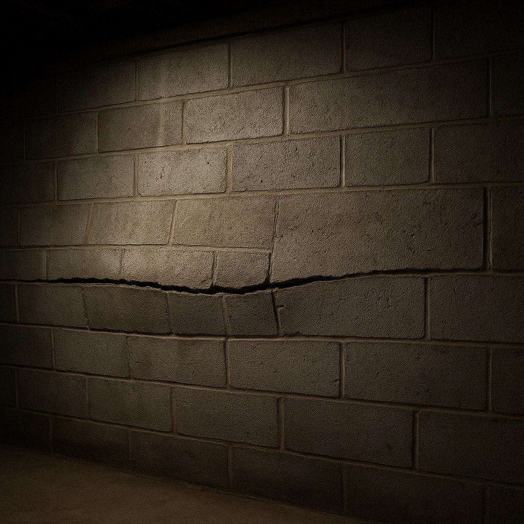 A concrete block foundation wall that is visibly bowing inward.
