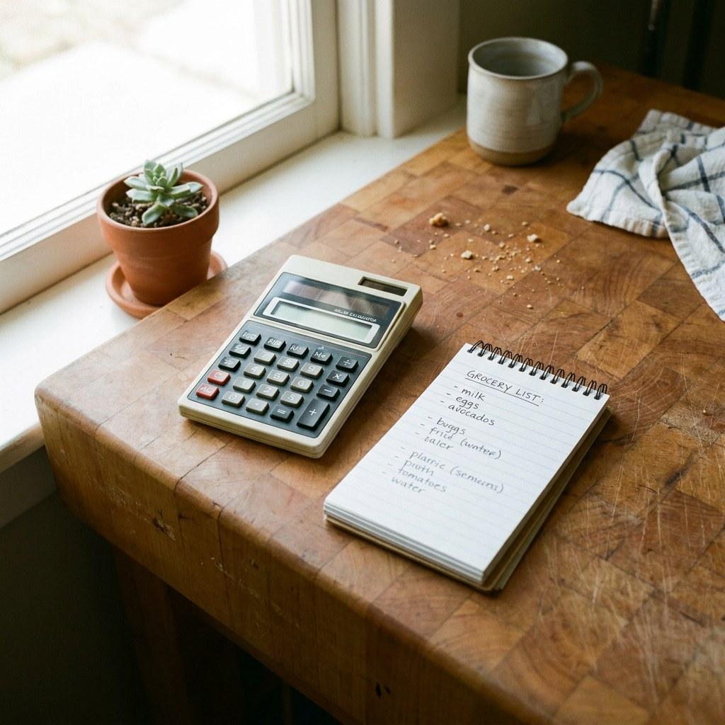 A calculator and notebook on a kitchen counter for financial planning