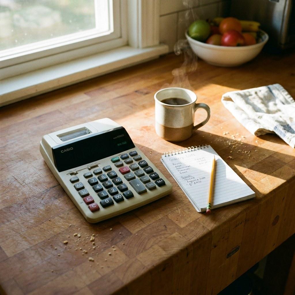 Calculator and notepad on a kitchen counter