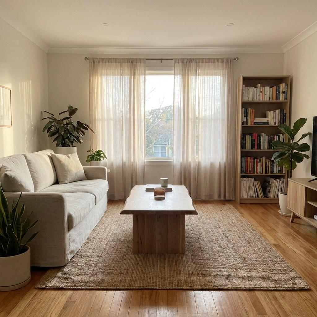 A well lit and organized living room representing peaceful homeownership