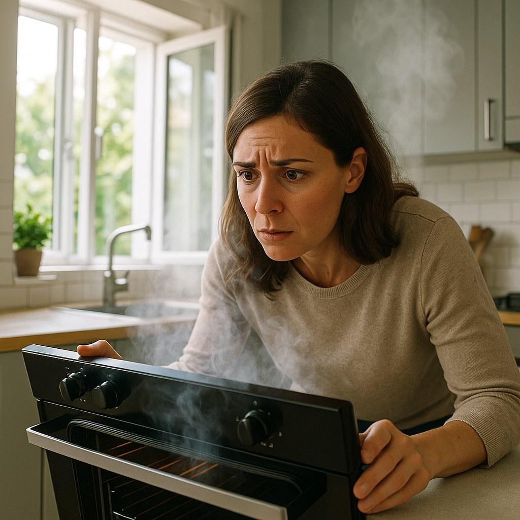 A kitchen oven emitting a small amount of smoke while a person assesses the situation safely from a distance.