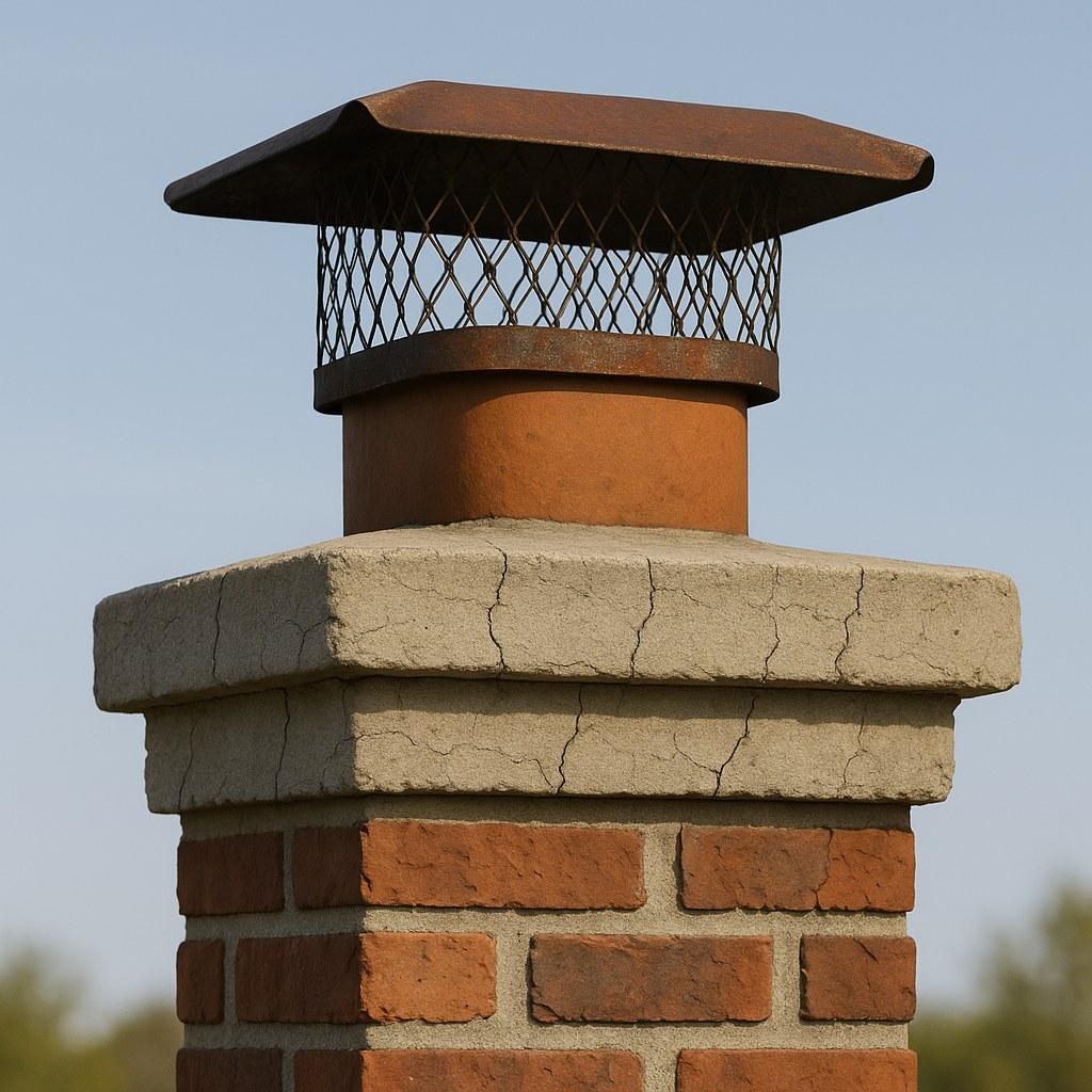 A close-up of a damaged chimney top showing a cracked crown and rusted cap.