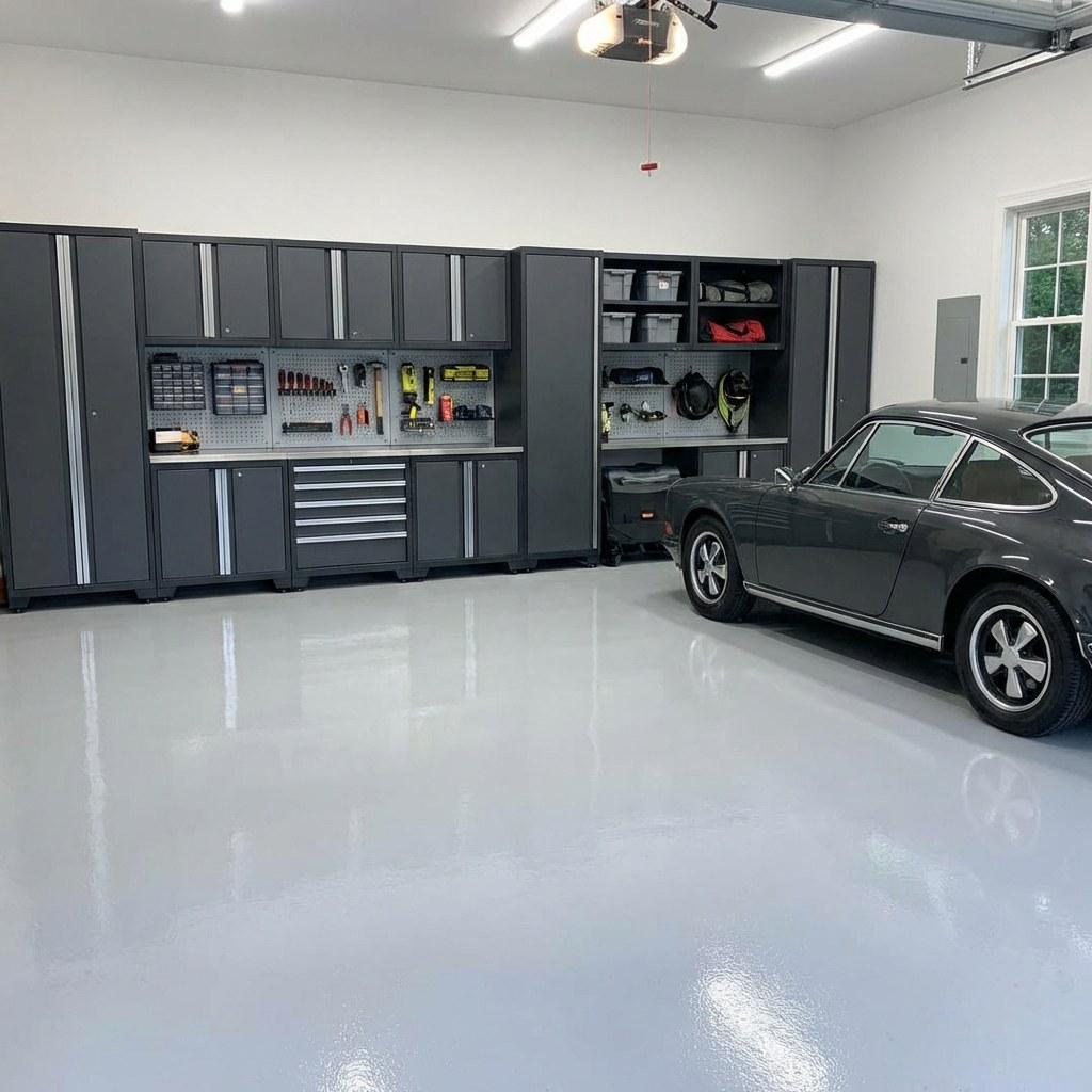 A well-lit, finished garage featuring an epoxy floor and neat wall-mounted storage cabinets