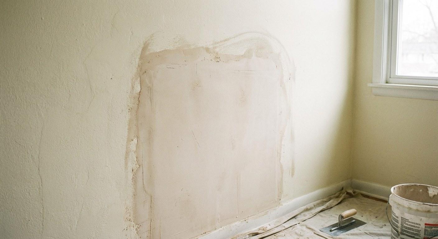 A seamless drywall patch on a wall, ready for painting.