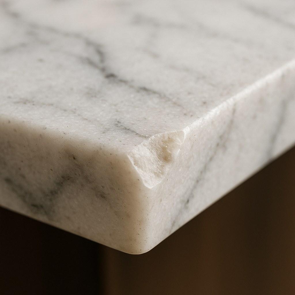 A small chip on the edge of a white marble countertop