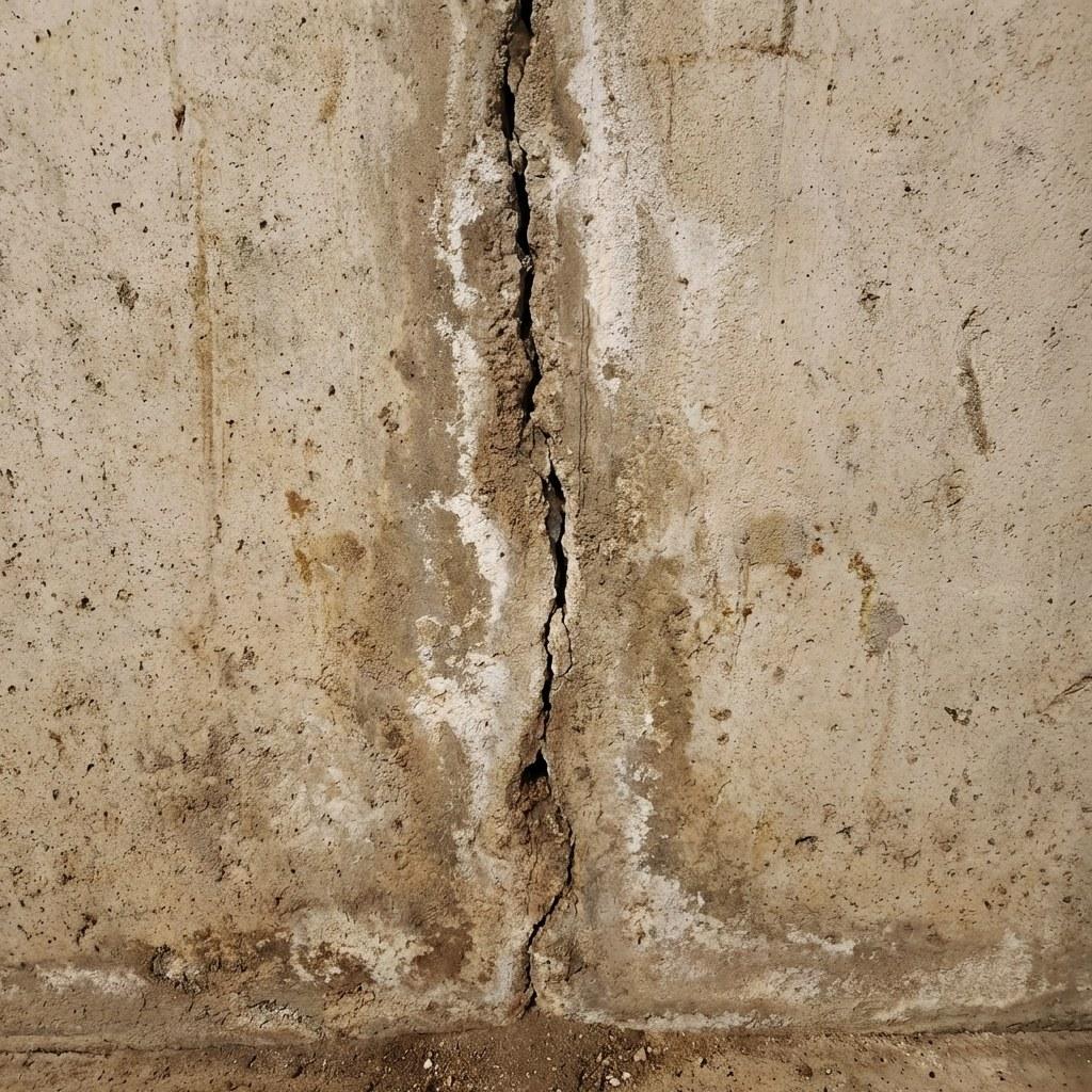 A vertical hairline crack in a concrete foundation wall