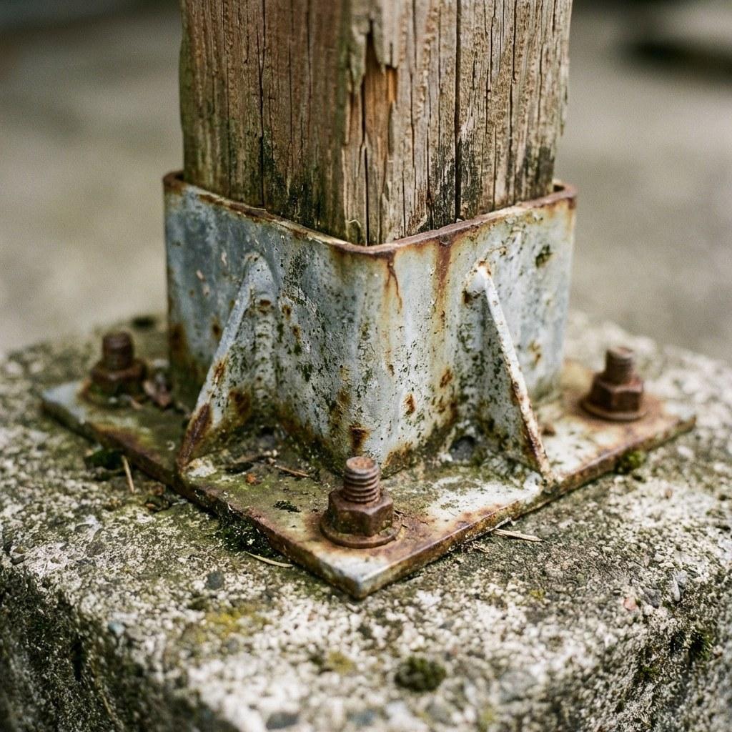 A galvanized metal bracket connecting a wooden deck post to a concrete footer