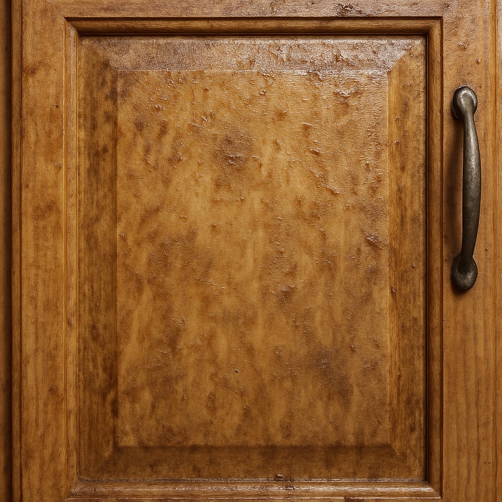 A kitchen cabinet door with a visible layer of sticky grease buildup