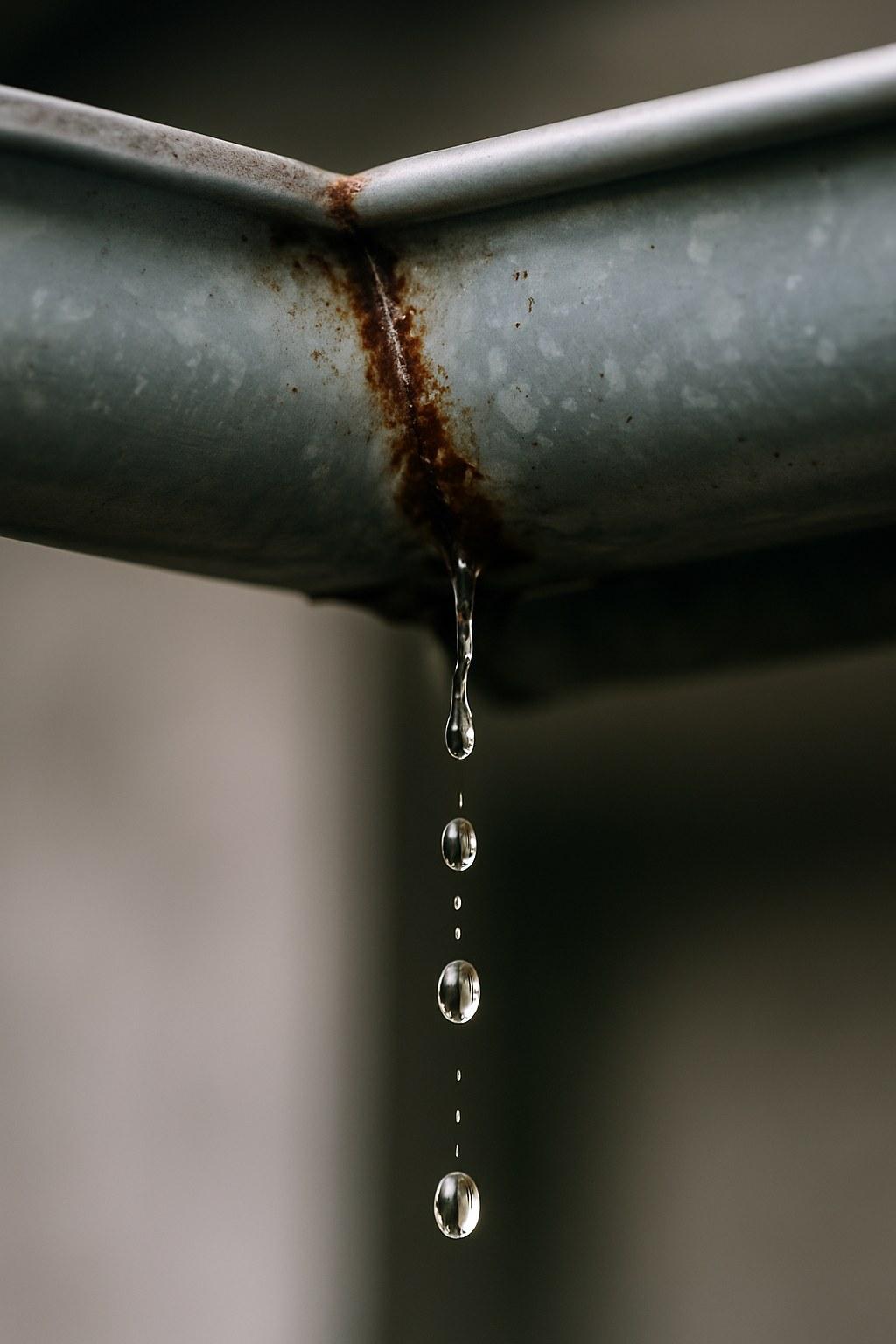 A close-up of a white gutter with a water leak dripping from a joint seam