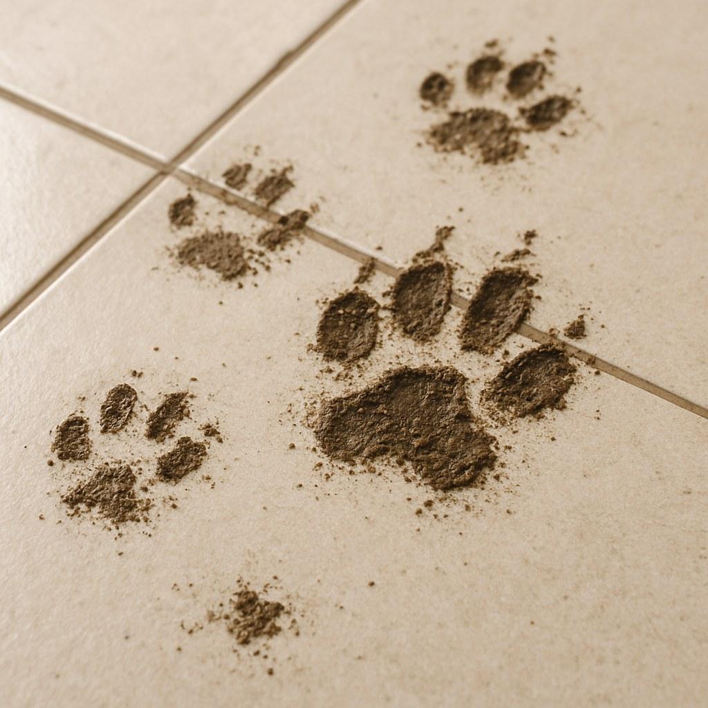 Small, unidentified animal footprints on a kitchen tile floor