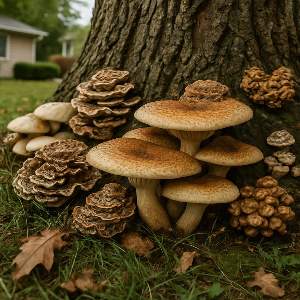 Fungal growth and mushrooms appearing at the base of a mature tree trunk