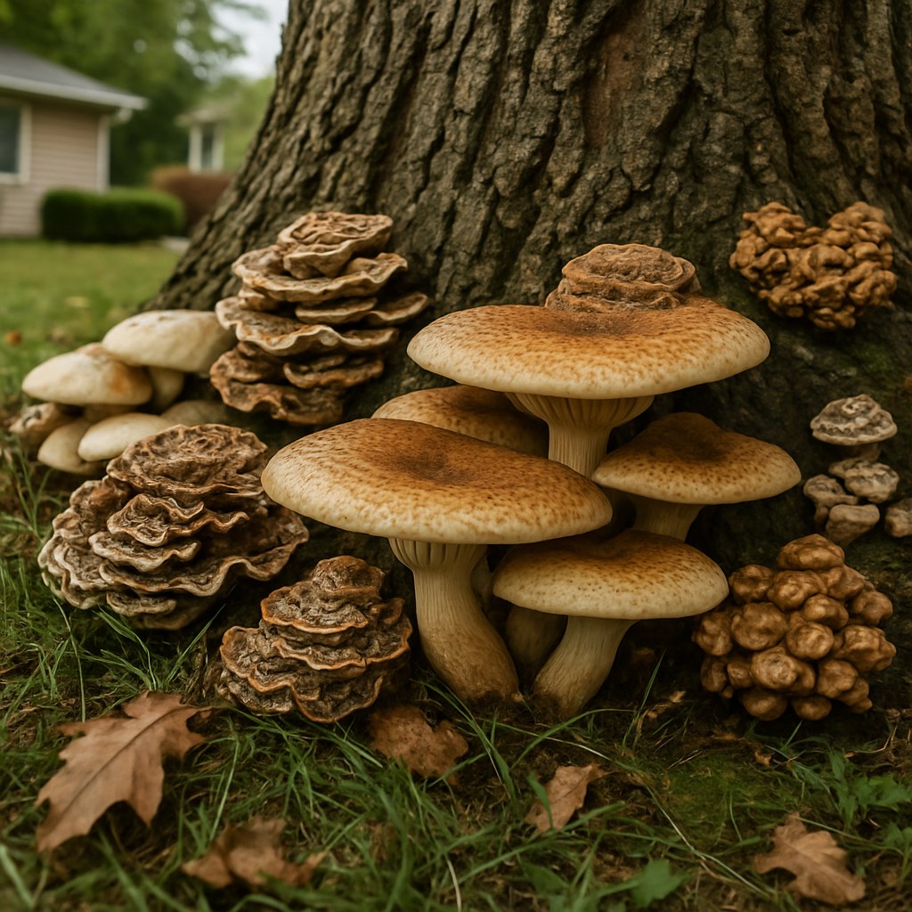 Fungal growth and mushrooms appearing at the base of a mature tree trunk