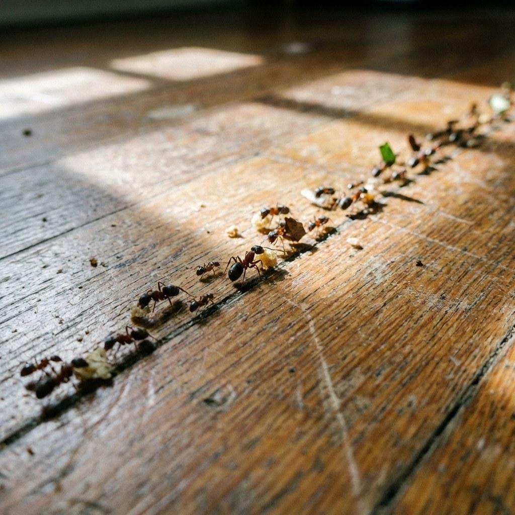 A line of small ants marching across a kitchen floor