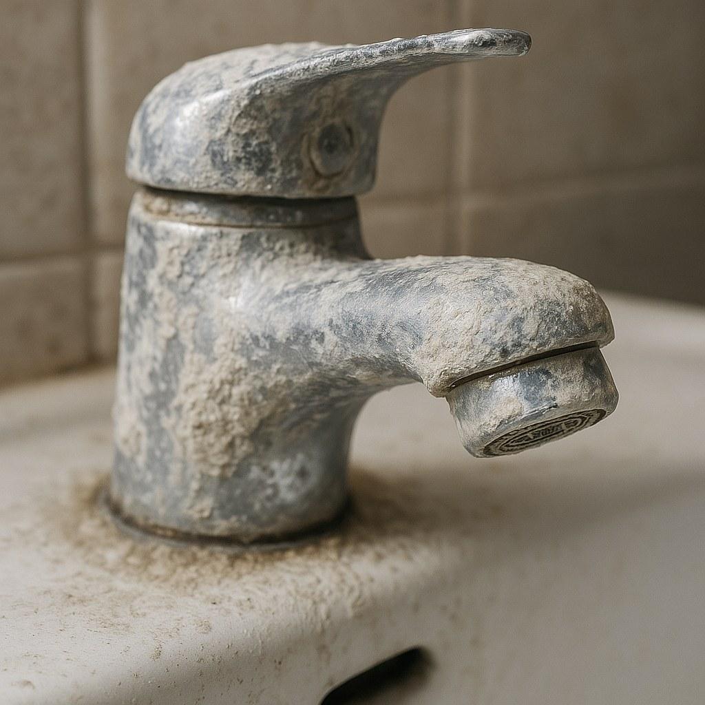 Close up of a chrome faucet with hard water stains