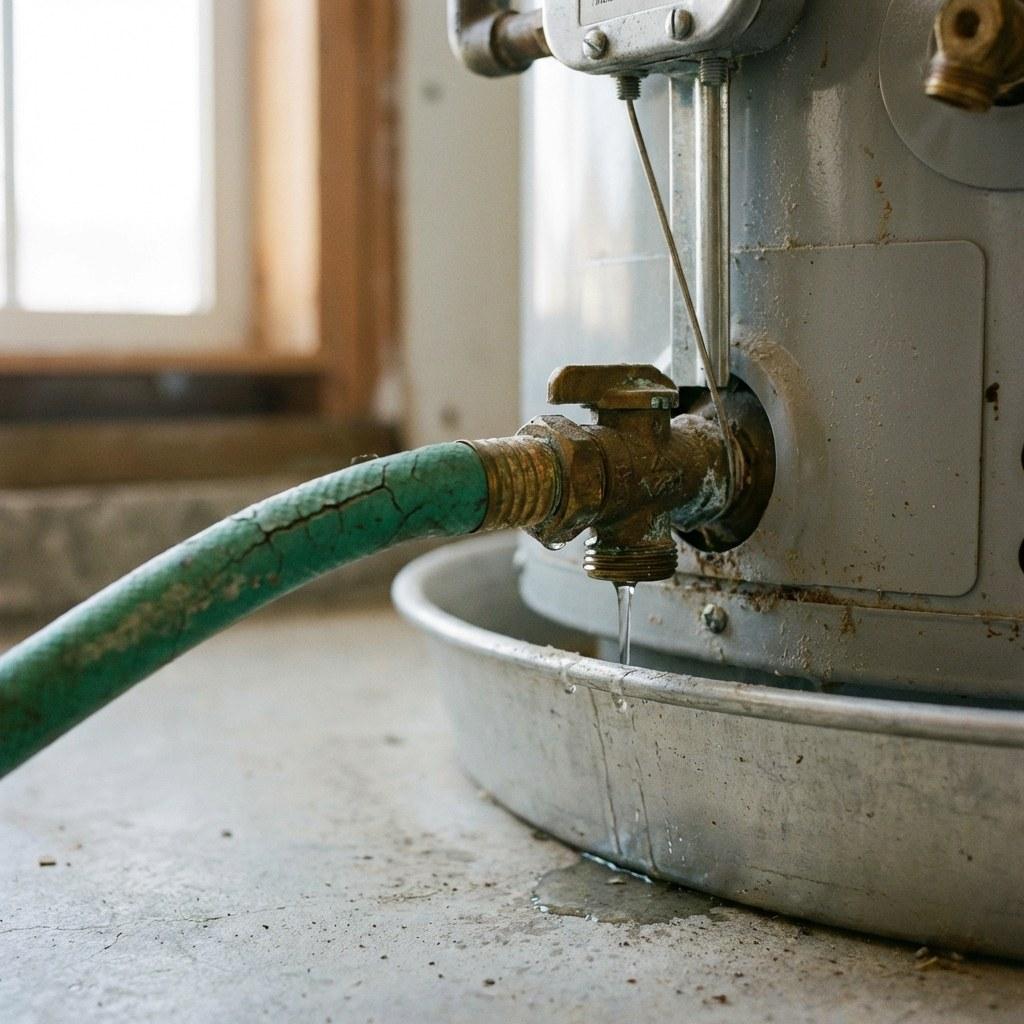 A garden hose connected to the bottom drain valve of a water heater