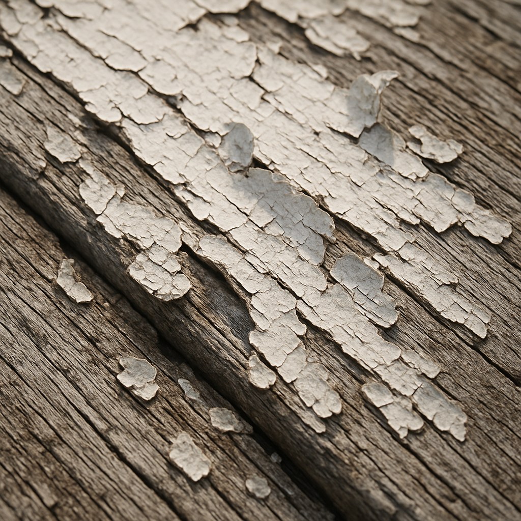 Close-up of cracked and peeling paint on a wooden deck