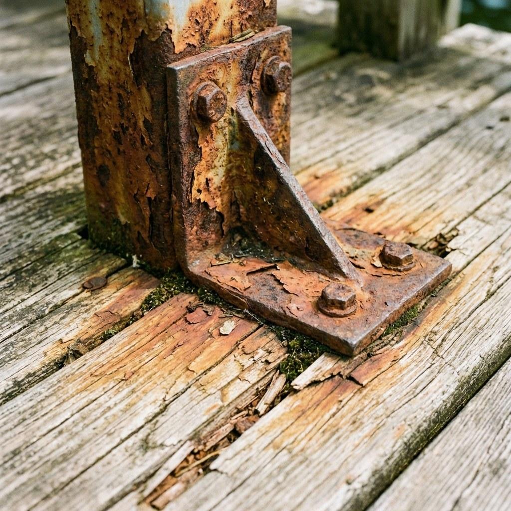 Close up of a rusted metal bracket connecting wood beams on a deck