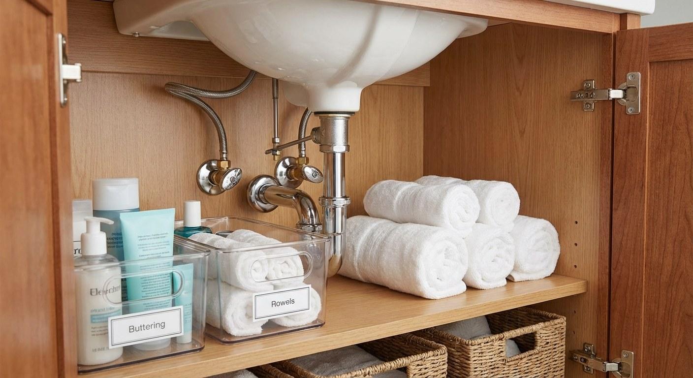 Plumbing supply lines and shutoff valves under a bathroom sink cabinet