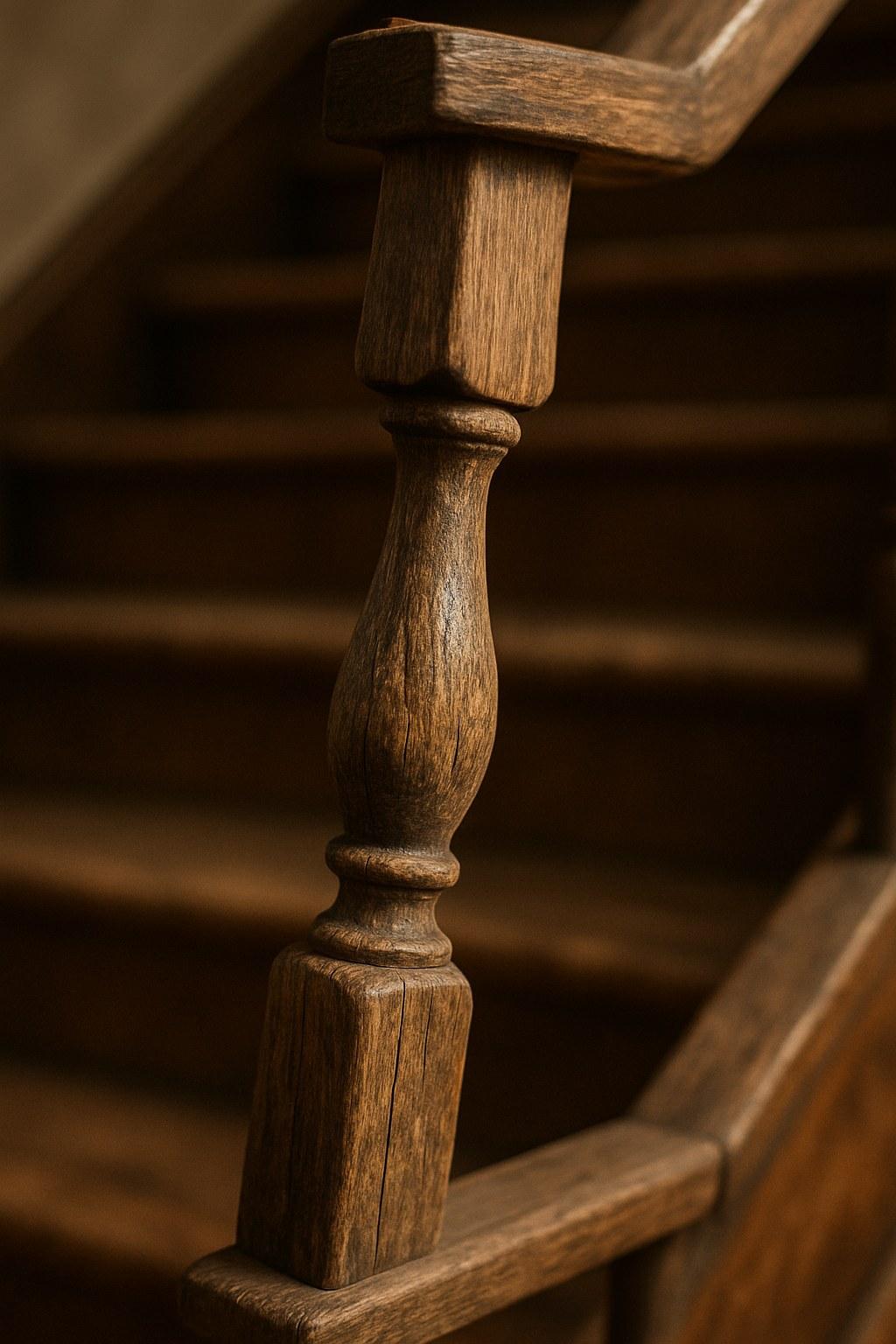 A wobbly wooden baluster on a home staircase, showing a clear gap at the base.