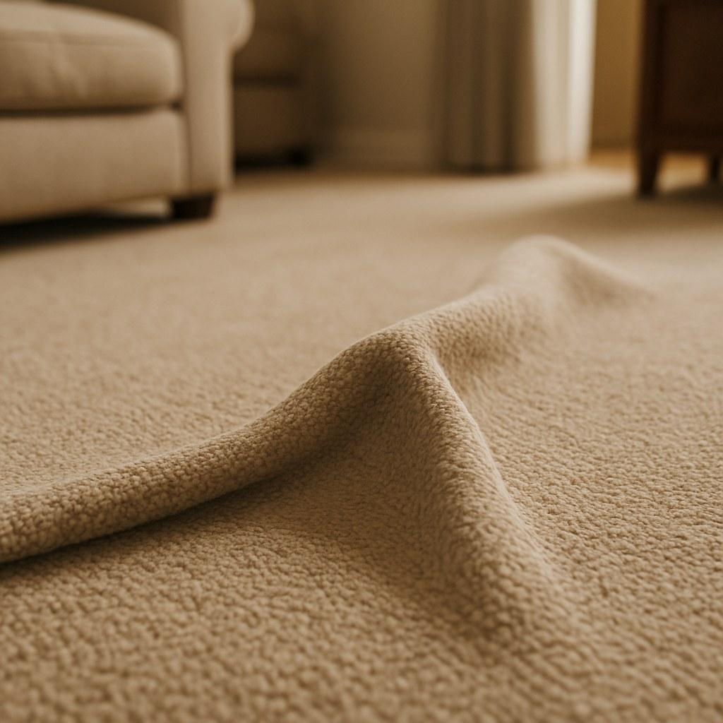 A large wrinkle running across a beige carpet in a home.