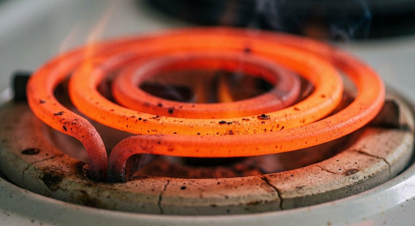 A glowing red electric coil stove burner on a black cooktop.