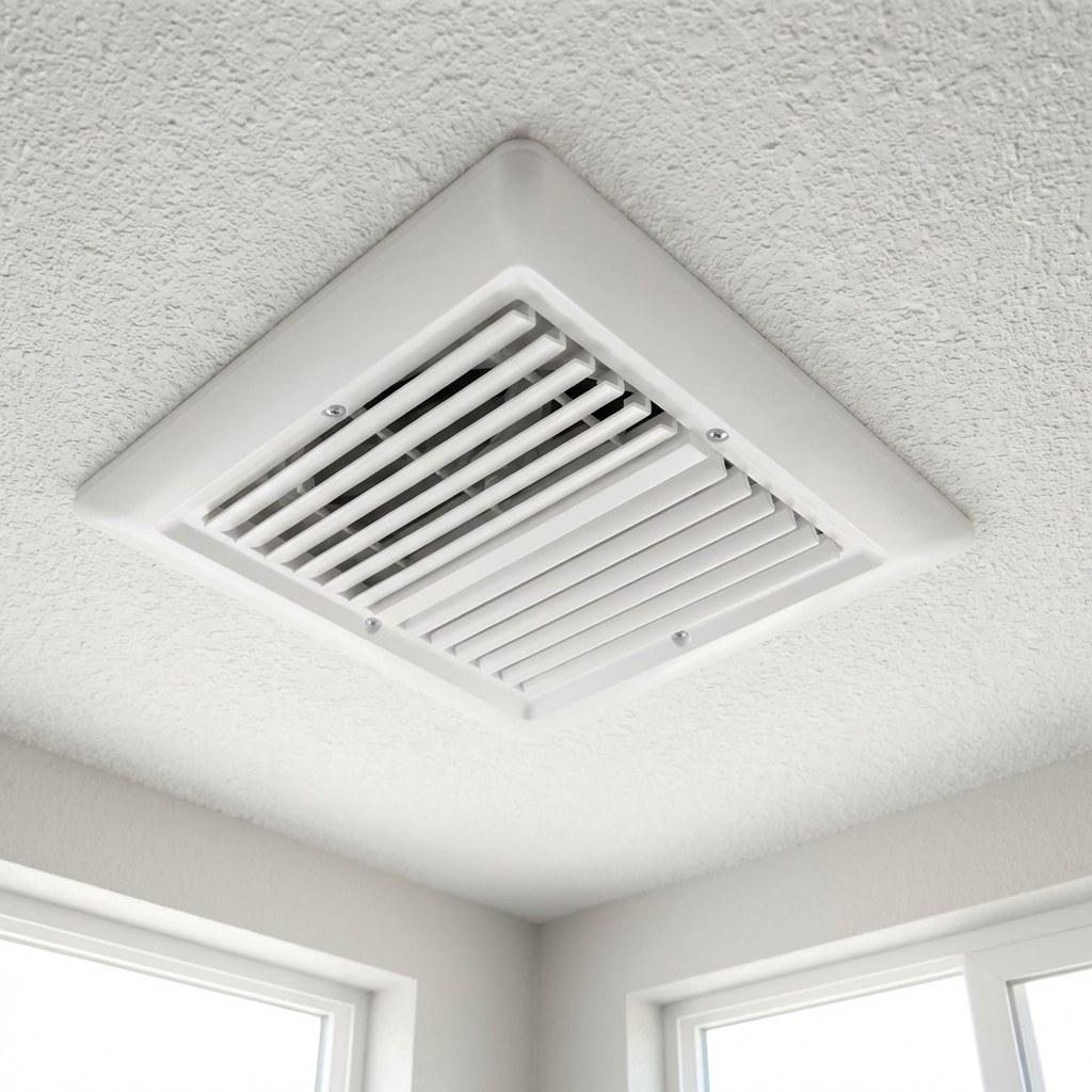 A clean white bathroom exhaust fan mounted on a ceiling