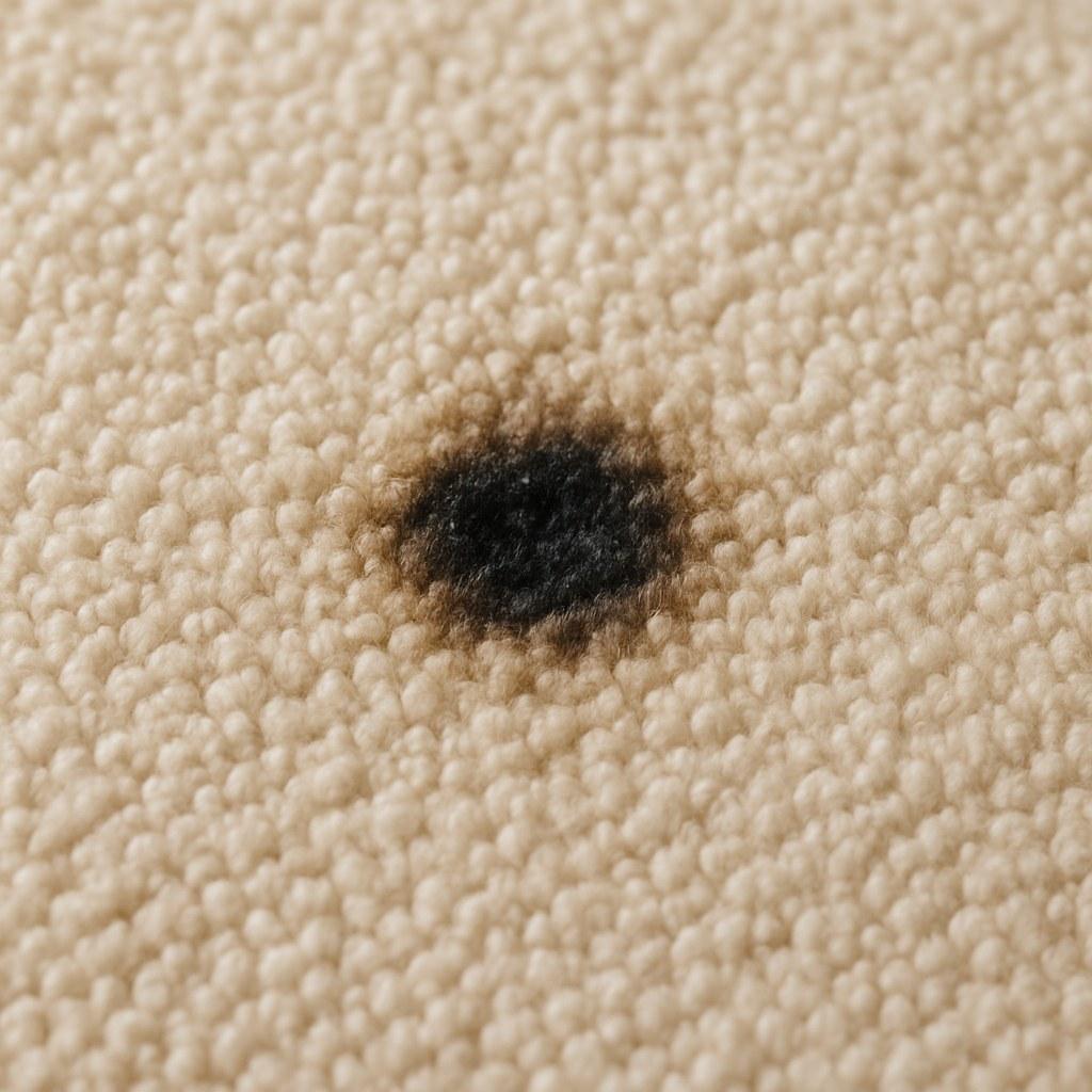 A small, dark burn mark on a beige carpet, showing singed fibers.
