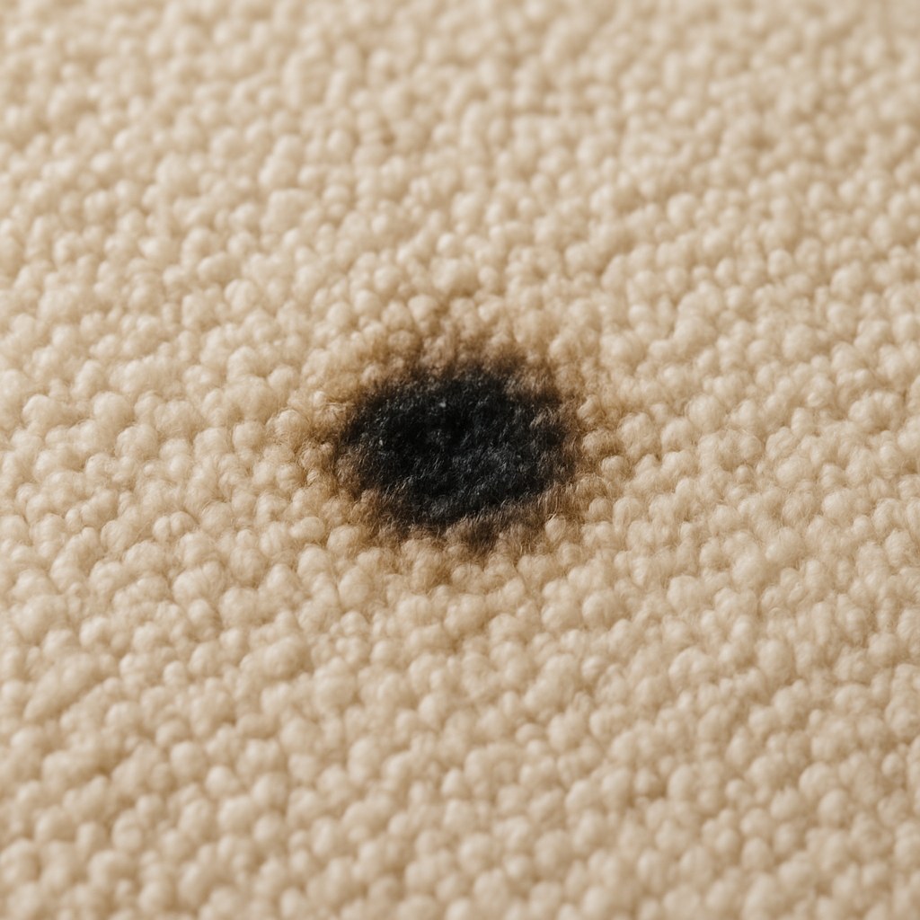 A small, dark burn mark on a beige carpet, showing singed fibers.