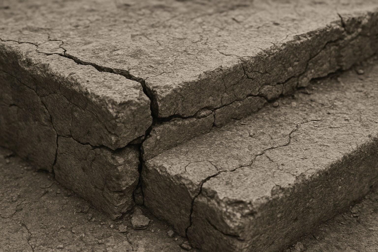 A detailed view of a concrete stair with visible cracks and a chipped corner.