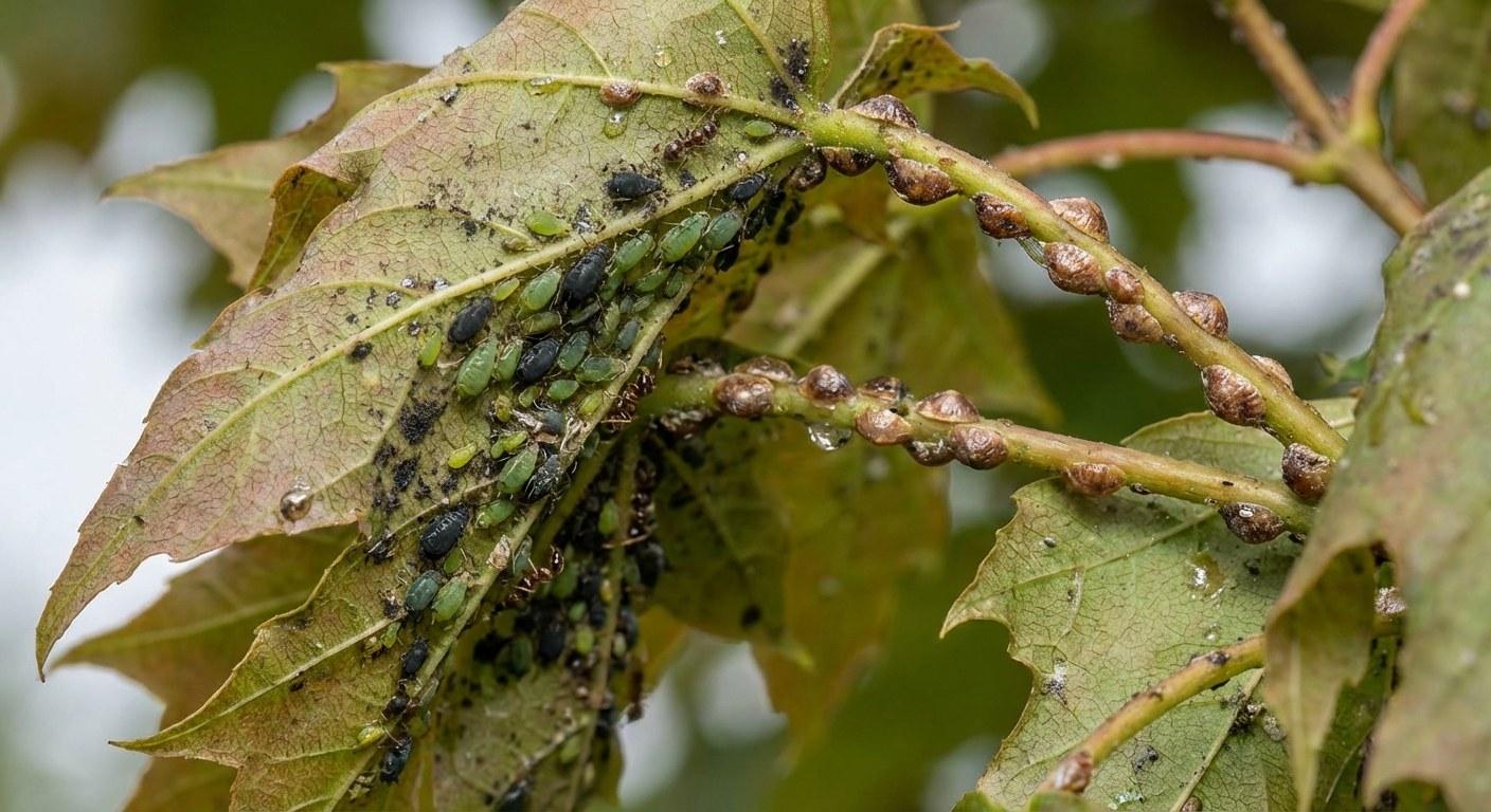 Close-up of small green aphids on the underside of a tree leaf.