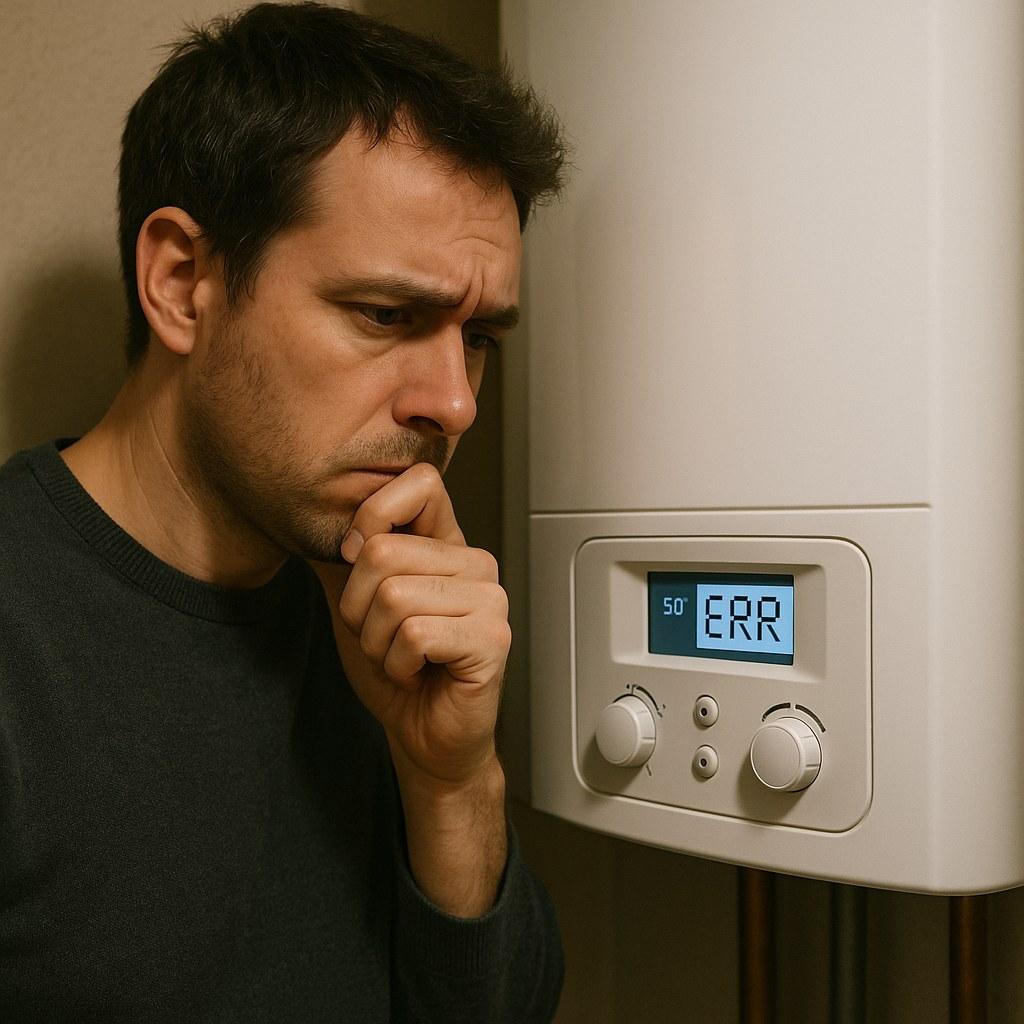 A person checking their boiler's display which shows an error.