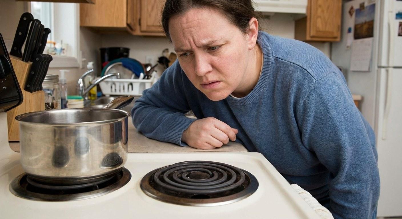 A kitchen scene with an electric stove where one burner is not working.