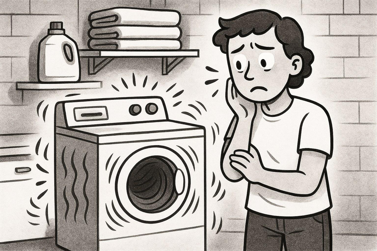 A person troubleshooting a noisy clothes dryer in their laundry room.