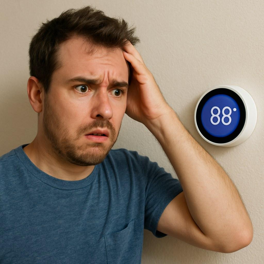 A person frowning at their thermostat which displays an inaccurate temperature
